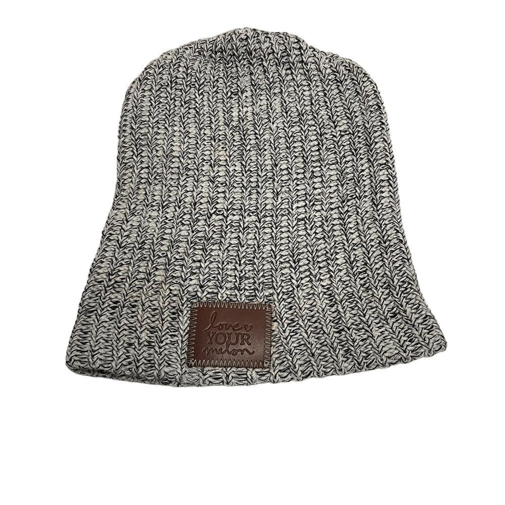 Love Your Melon Beanie Black White Speckled Tan Leather Logo‎ Patch Hat Toboggan